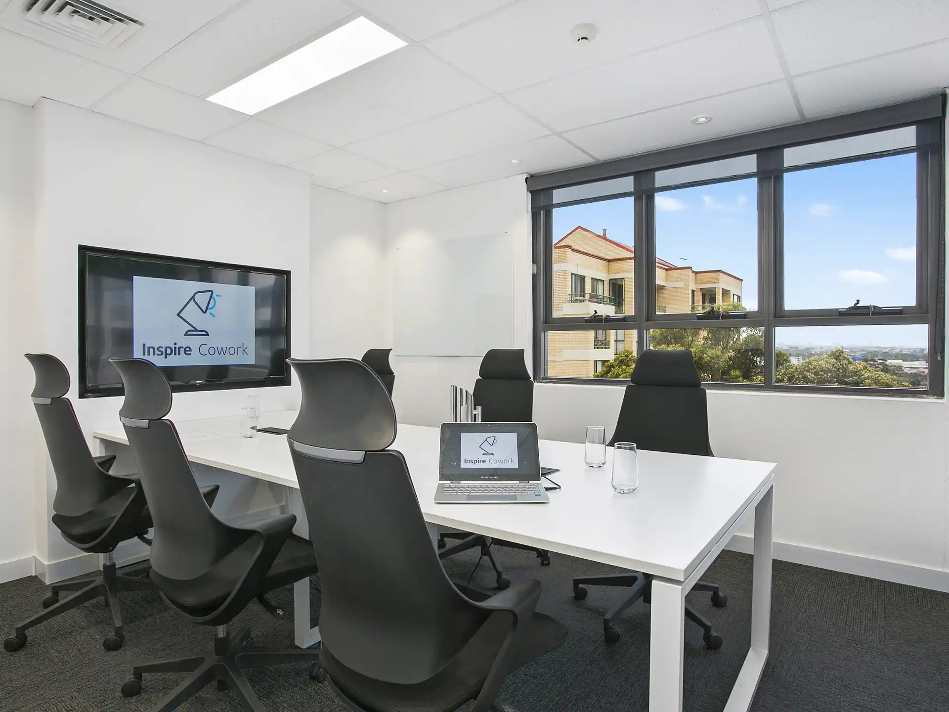 Meeting rooms with natural light, large screen monitor