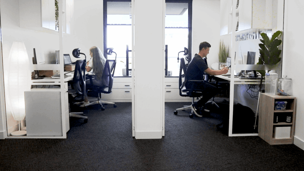 Taylor and Nathan Donohoe from Birdie working in the team’s private office space at Inspire Cowork Miranda.